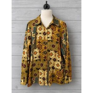 Susan Graver Style Boho Button Up Top XL Gold Patchwork Paisley Long Slv A13869